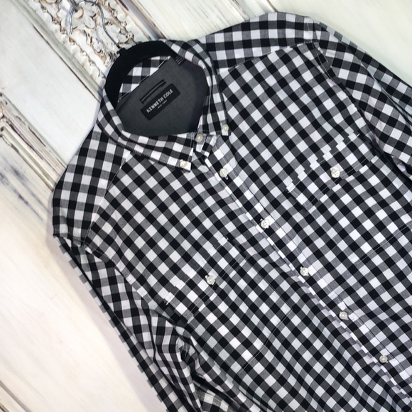 Men’s Kenneth Cole Black and White Gingham Check Button Down Dress Shirt Size L - Picture 2 of 9